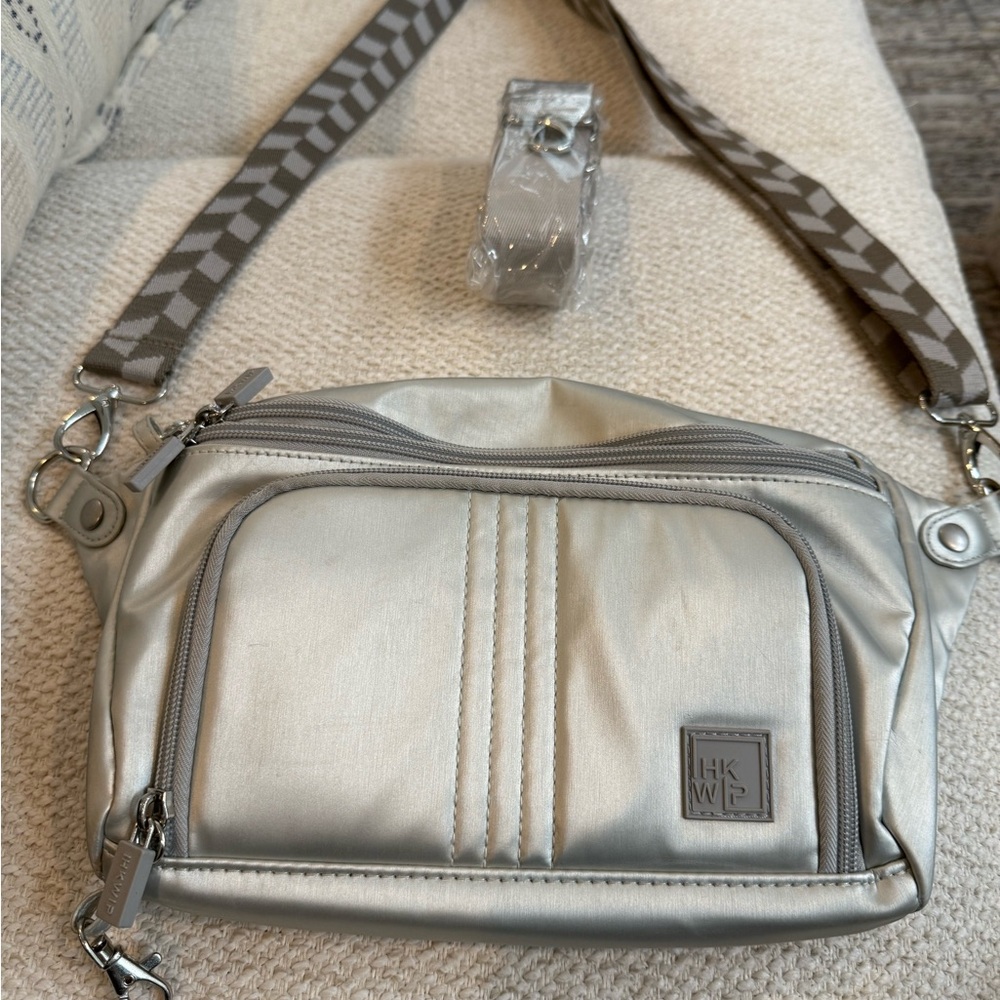 IHKWIP Women's Chic Silver Crossbody Bag (travel) with two straps.
